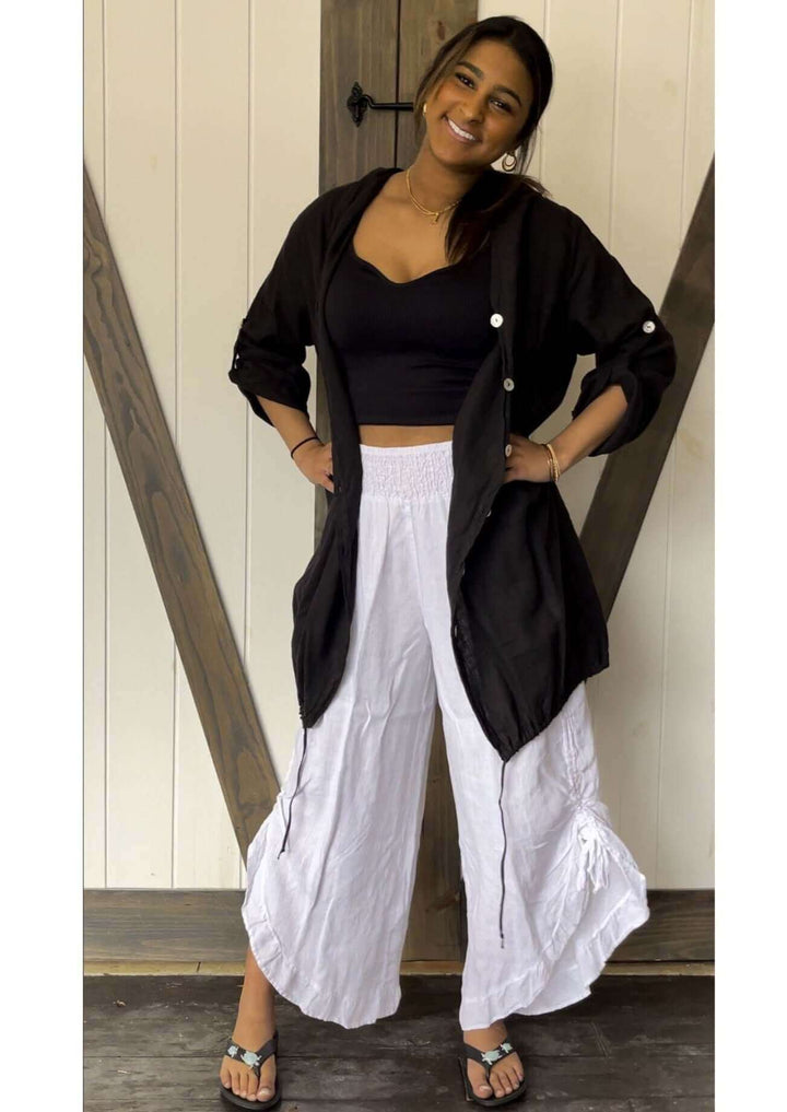 USA Made 100% Linen Ladies Long Sleeve Button Down Hoodie Jacket in Black | Match Point Style HLT551 | Classy Cozy Cool Women's Made in America Boutique