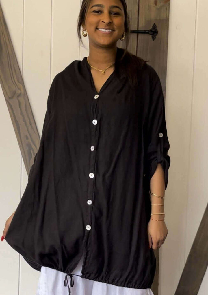 USA Made 100% Linen Ladies Long Sleeve Button Down Hoodie Jacket in Black | Match Point Style HLT551 | Classy Cozy Cool Women's Made in America Boutique