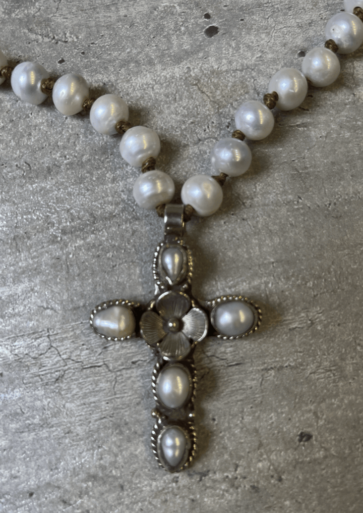 Freshwater Pearl Cross Statement Necklace with Genuine Leather Adjustable Clasp | Made in USA | Classy Cozy Cool Boutique