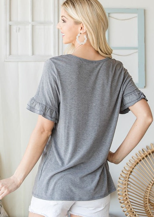 USA Made Ladies Basic Super Soft V-Neck Long Length Tee with Ruffle Hem in Grey | Classy Cozy Cool Women's Made in America Boutique