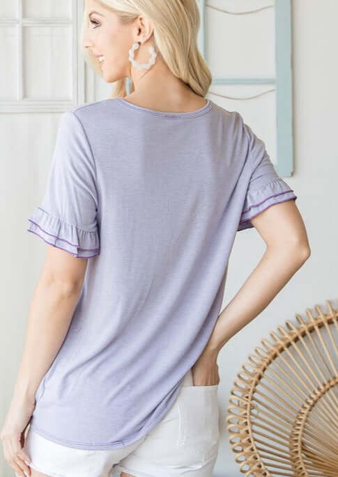 USA Made Ladies Basic Super Soft V-Neck Long Length Tee with Ruffle Hem in Lavender | Classy Cozy Cool Women's Made in America Boutique