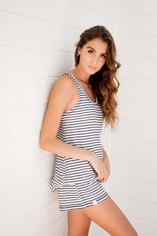Sleepaholik French Terry Navy Striped Ladies Sleep Tank Top Made in USA with Fabric that is Made in USA! New Trendy Light & Luxurious Loungewear Line!