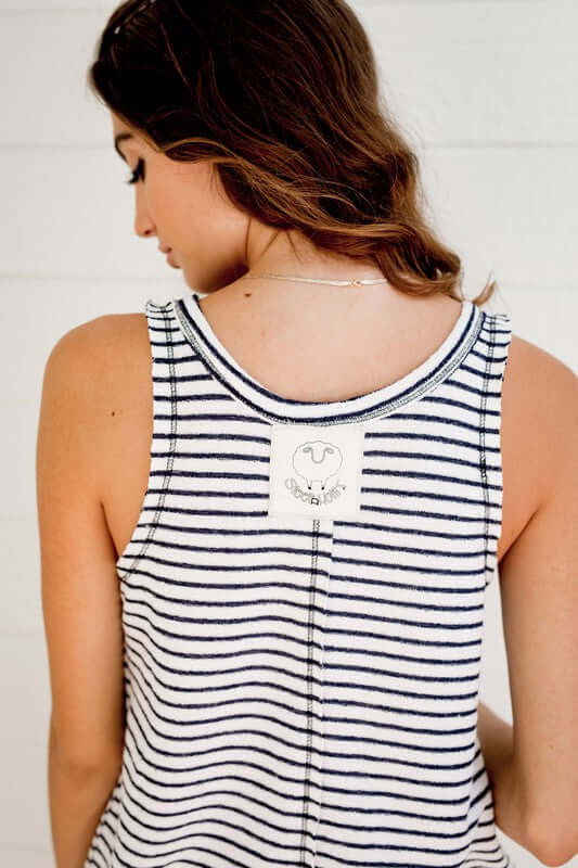 Sleepaholik French Terry Navy Striped Ladies Sleep Tank Top Made in USA with Fabric that is Made in USA! New Trendy Light & Luxurious Loungewear Line!