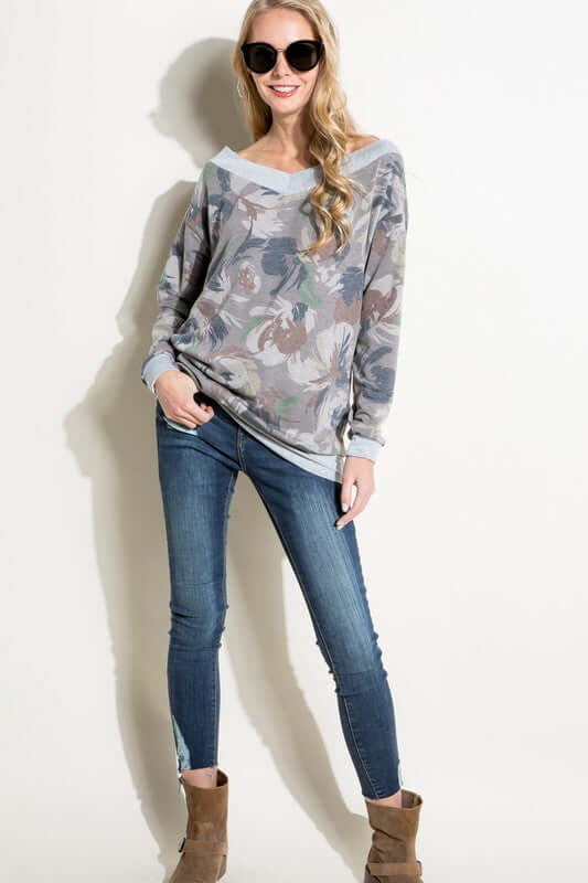 USA Made Plus Size Ladies French Terry Wide V-Neck Relaxed Fit Floral Print Army Green Sweatshirt | Classy Cozy Cool Women's American Made Boutique
