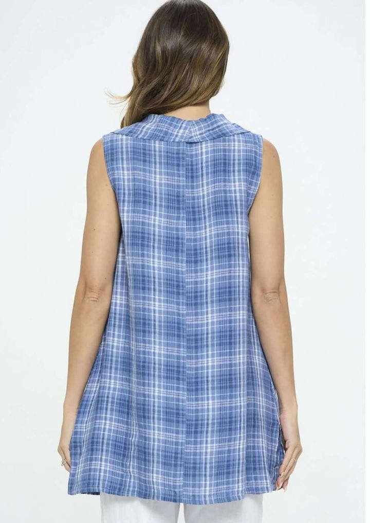 USA Made 100% Linen Ladies Sleeveless Cowl Neck Blue Plaid Tunic | Match Point Style ELT467 | Classy Cozy Cool Women's Made in America Boutique