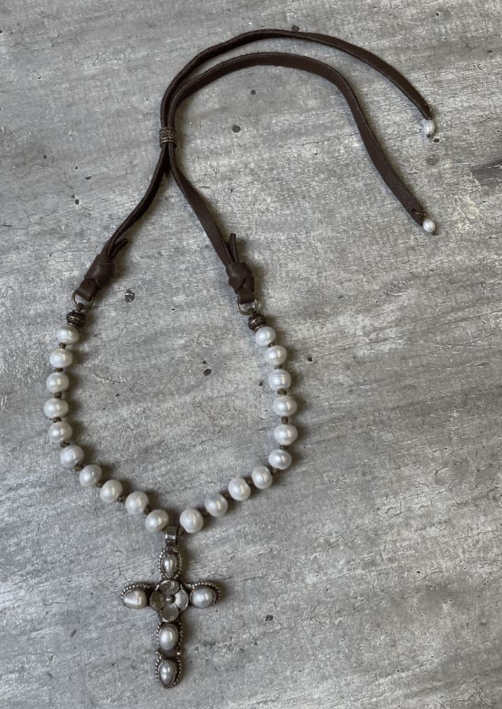 Freshwater Pearl Cross Statement Necklace with Genuine Leather Adjustable Clasp | Made in USA | Classy Cozy Cool Boutique