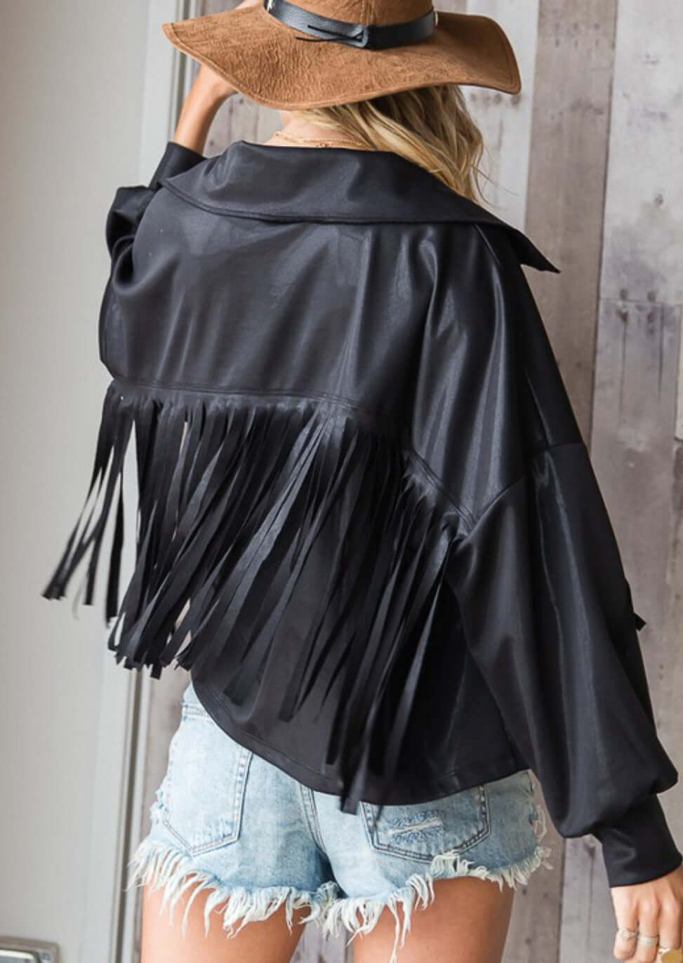 Bucketlist Clothing | Brand: Bucket List | Fringe Detail Black Open Front Cropped Jacket Style # T1548A  | Made in USA | Classy Cozy Cool Women's Clothing Boutique