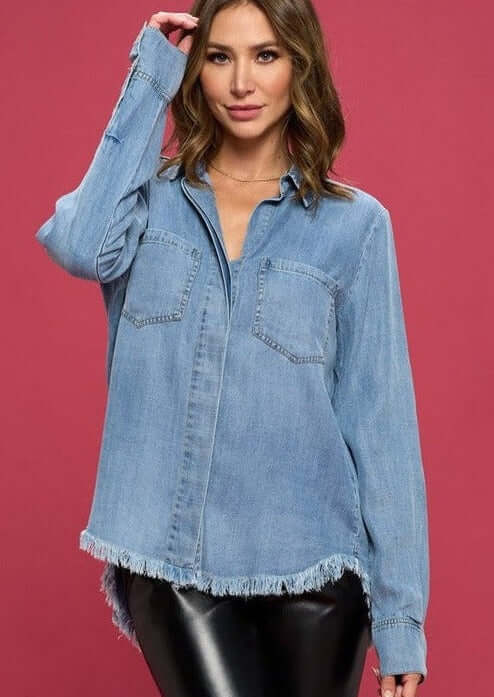 Renee C Style #HW0204 | Ladies Denim Shirt with Hidden Button Placket & Fringe Hem | Made in USA | Classy Cozy Cool Women's Made in America Clothing Boutique