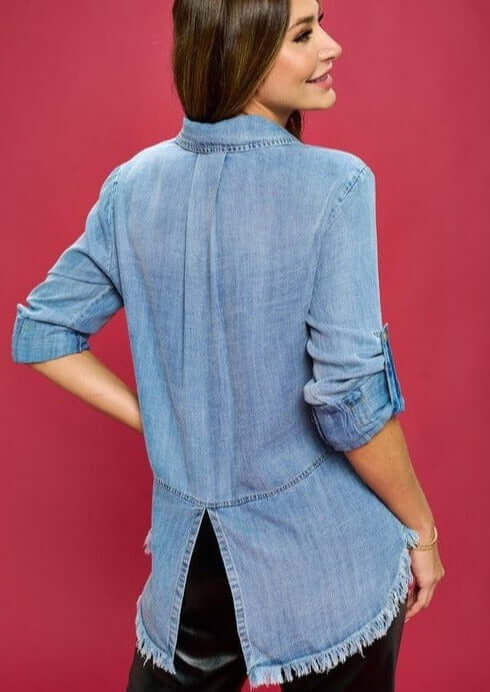 Renee C Style #HW0204 | Ladies Denim Shirt with Hidden Button Placket & Fringe Hem | Made in USA | Classy Cozy Cool Women's Made in America Clothing Boutique