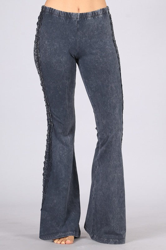 USA Made Mineral Washed Flare Bottom Jeggings with Crochet Detail by Chatoyant.  Long & Lean Figure Flattering Design | Made in America