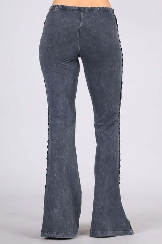 USA Made Mineral Washed Flare Bottom Jeggings with Crochet Detail by Chatoyant.  Long & Lean Figure Flattering Design | Made in America