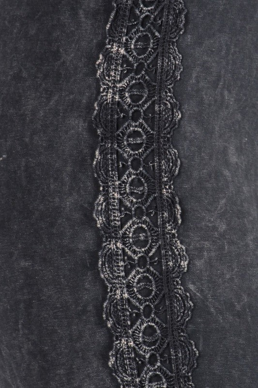 Close Up USA Made Mineral Washed Flare Bottom Jeggings with Crochet Detail by Chatoyant.  Long & Lean Figure Flattering Design | Made in America