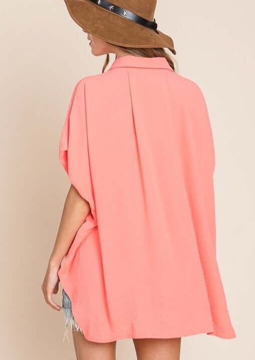 Bucket List Style T1702 Ladies Coral Button Down Hidden Placket High Low Top | Made in USA | This top can be worn with anything. | Classy Cozy Cool Boutique