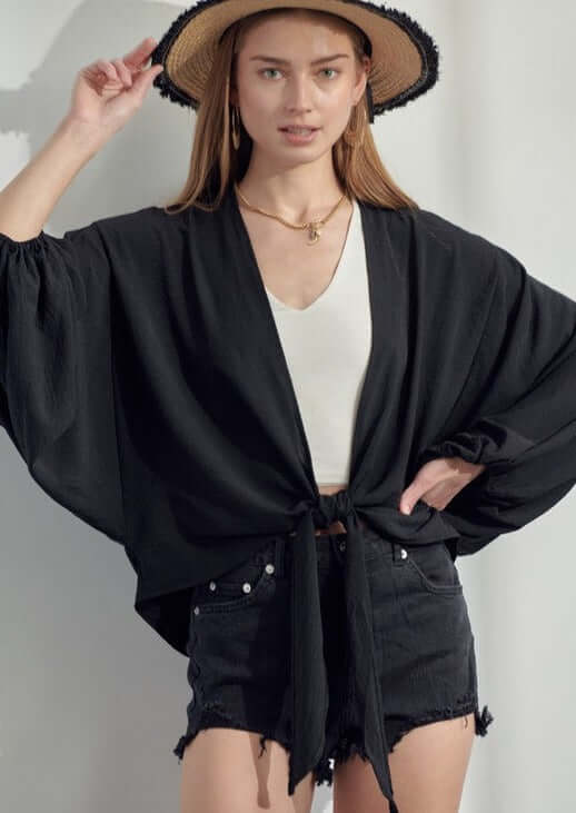 Jade by Jane Style# KRT1598 Ladies Black Crinkle Satin Tie Front Cropped Kimono | Made in USA | Classy Cozy Cool Women's Made in America Boutique