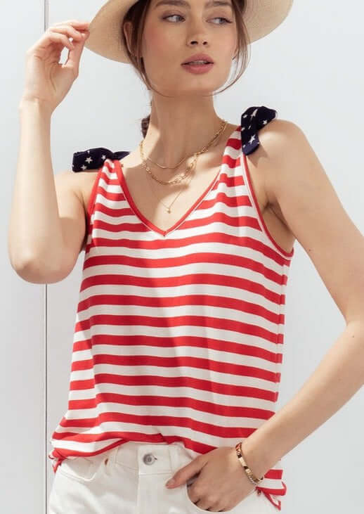 Made in USA Super Soft Ladies Tie Shoulder Double V-Neck Stars & Stripes Patriotic 4th of July Tank Top Red, White & Blue  | Classy Cozy Cool Made in America Boutique
