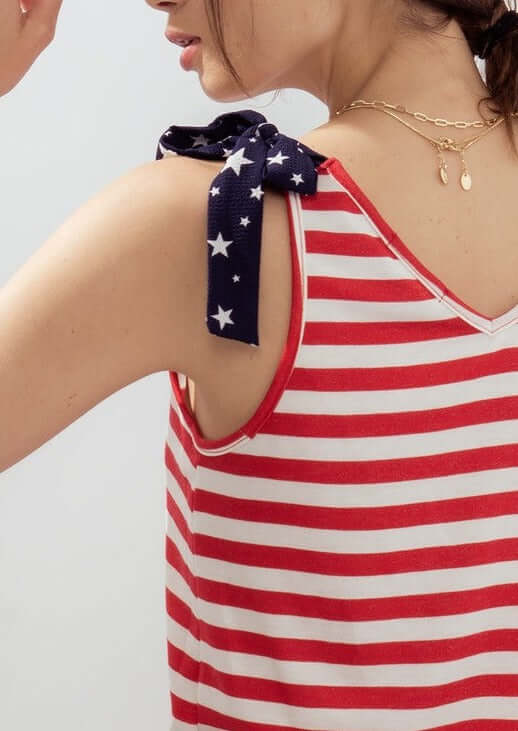 Made in USA Super Soft Ladies Tie Shoulder Double V-Neck Stars & Stripes Patriotic 4th of July Tank Top Red, White & Blue  | Classy Cozy Cool Made in America Boutique