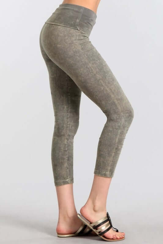 Chatoyant Mineral Washed Pull On Capri Leggings | Made in USA | Tummy control wide fold-over waistband | Classy Cozy Cool Women's American Boutique