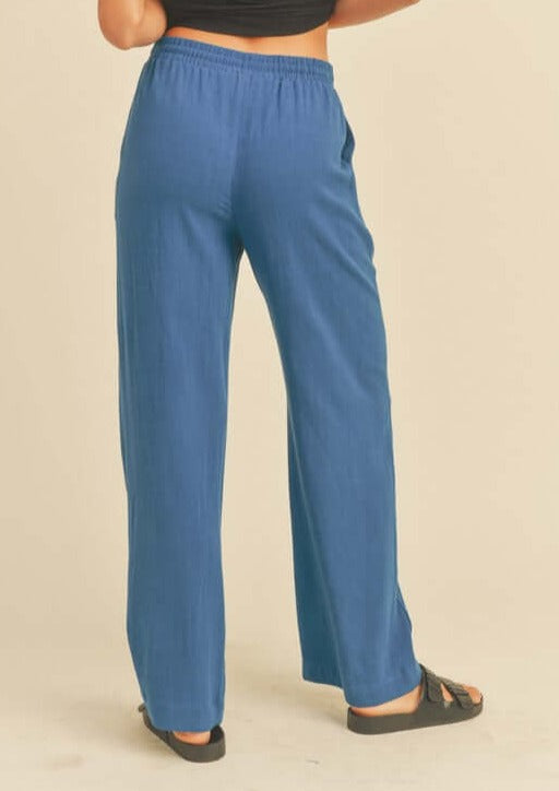 Blue USA Made Linen Blend Bootcut Pants with Pockets - Relaxed Fit Drawstring & Elastic Waist Side | Classy Cozy Cool Women's American Boutique