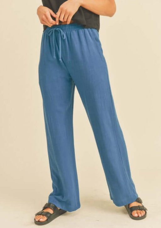 Blue USA Made Linen Blend Bootcut Pants with Pockets - Relaxed Fit Drawstring & Elastic Waist Side | Classy Cozy Cool Women's American Boutique