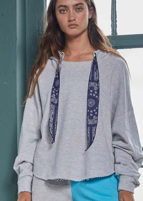 Bucket List Style T1766 Heather Grey French Terry Hoodie with Navy Bandana Drawstring and Raw Edge Hem | Rounded Hemline His Just Below Waist | Made in USA
