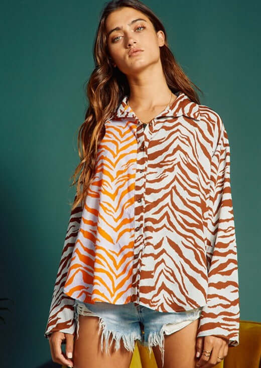 Bucket List Ladies Animal Print Color Block Contrast Button Down Top | Style# T1684  | Made in USA | Classy Cozy Cool Boutique | American Made