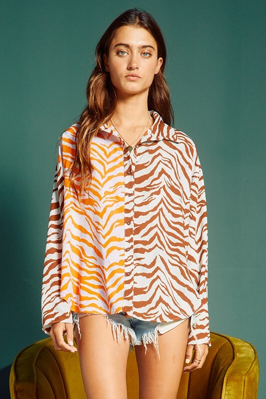 Bucket List Ladies Animal Print Color Block Contrast Button Down Top | Style# T1684  | Made in USA | Classy Cozy Cool Boutique | American Made