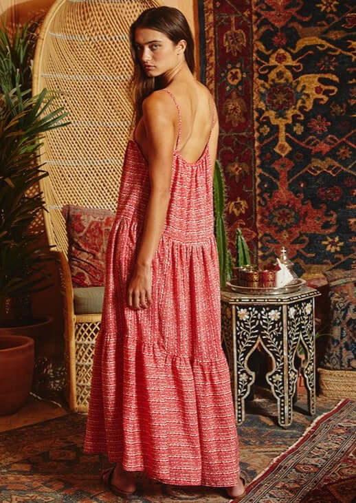 Red & Cream Lace Front Ladies Contrast Detail Tiered Maxi Sun Dress with Spaghetti straps and Side Pockets | Bucket List Style# D4010 | Made in USA