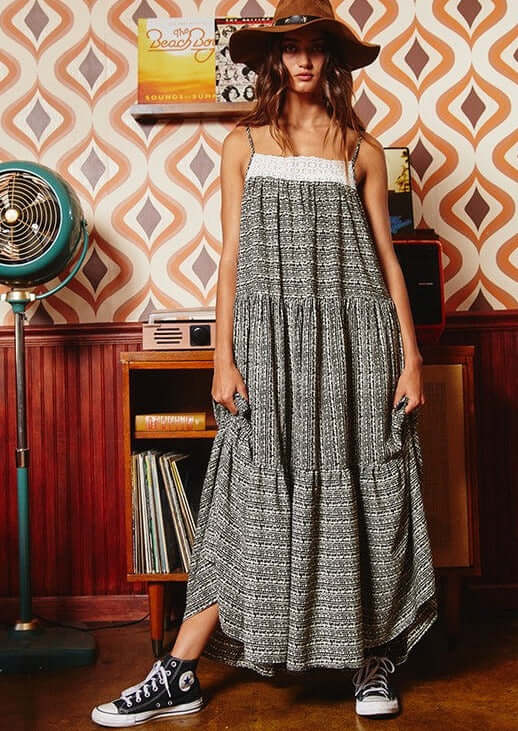 Black & Cream Lace Front Ladies Contrast Detail Tiered Maxi Sun Dress with Spaghetti straps and Side Pockets | Bucket List Style# D4010 | Made in USA