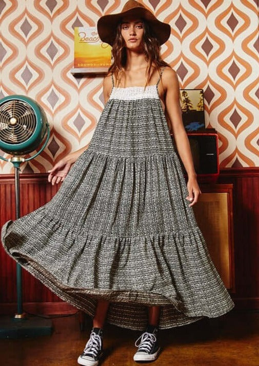 Black & Cream Lace Front Ladies Contrast Detail Tiered Maxi Sun Dress with Spaghetti straps and Side Pockets | Bucket List Style# D4010 | Made in USA