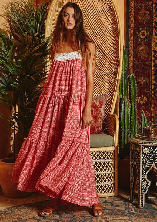 Red & Cream Lace Front Ladies Contrast Detail Tiered Maxi Sun Dress with Spaghetti straps and Side Pockets | Bucket List Style# D4010 | Made in USA