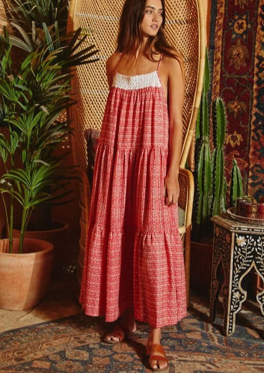 Red & Cream Lace Front Ladies Contrast Detail Tiered Maxi Sun Dress with Spaghetti straps and Side Pockets | Bucket List Style# D4010 | Made in USA