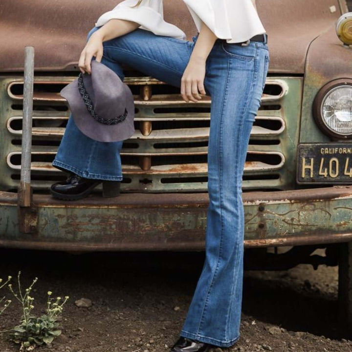 Rumor Has It Front Seam Flared Denim Jeans Medium Wash | O2 Denim Style PF3023 | Made in the USA | Classy Cozy Cool Women’s Clothing Boutique
