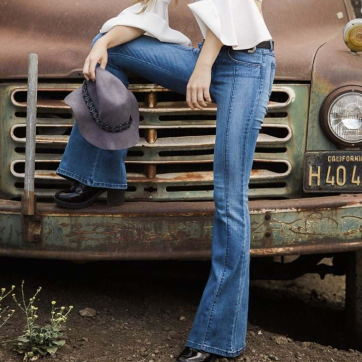 Rumor Has It Front Seam Flared Denim Jeans | O2 Denim Style PF3023 DK | Women's fashion clothing made in the USA | Classy Cozy Cool Boutique: Made in America