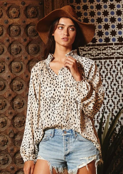 Made in USA | Ladies Smocked Collar Animal Print Satin Dressy Blouse | Brand: Bucket List | Style # T1048 | Classy Cozy Cool Women’s Clothing Boutique