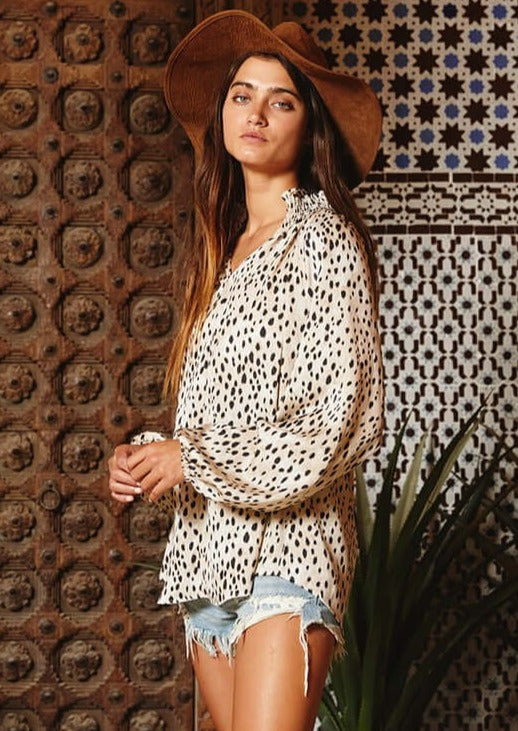 Made in USA |  Ladies Smocked Collar Animal Print Satin Dressy Blouse | Brand: Bucket List | Style # T1048 | Classy Cozy Cool Women’s Clothing Boutique