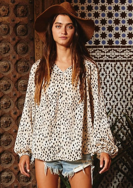 Made in USA |  Ladies Smocked Collar Animal Print Satin Dressy Blouse | Brand: Bucket List | Style # T1048 | Classy Cozy Cool Women’s Clothing Boutique