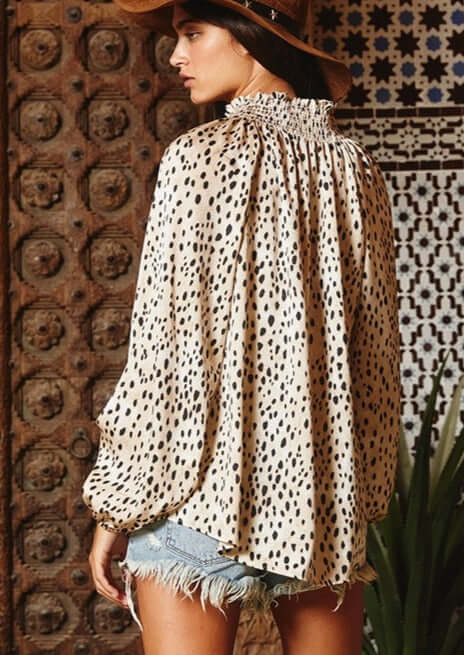 Made in USA |  Ladies Smocked Collar Animal Print Satin Dressy Blouse | Brand: Bucket List | Style # T1048 | Classy Cozy Cool Women’s Clothing Boutique