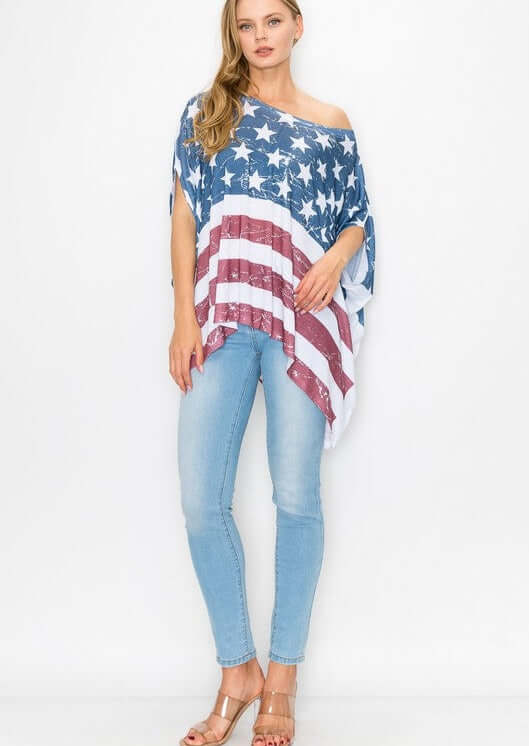 USA Made Ladies American Flag Print Oversized Dolman Top Perfect for 4th of July & will fit Plus Size | Classy Cozy Cool Women's Made in America Boutique