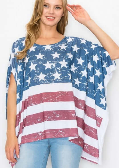 USA Made Ladies American Flag Print Oversized Dolman Top Perfect for 4th of July & will fit Plus Size | Classy Cozy Cool Women's Made in America Boutique