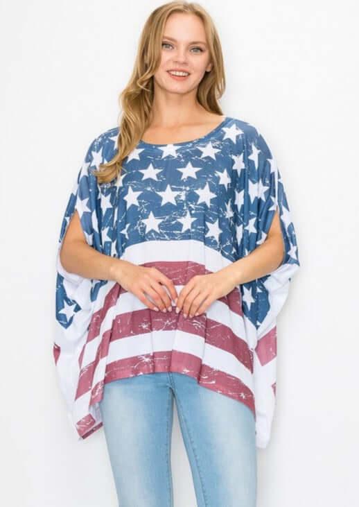 USA Made Ladies American Flag Print Oversized Dolman Top Perfect for 4th of July & will fit Plus Size | Classy Cozy Cool Women's Made in America Boutique