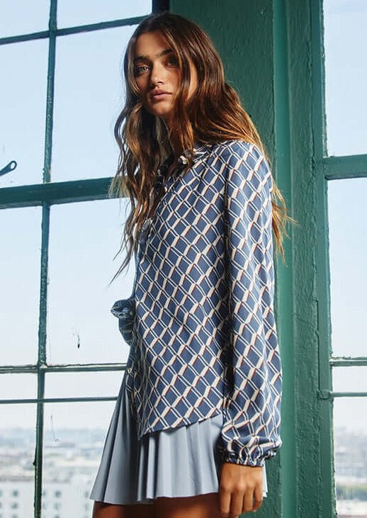 Brand: Bucket List | French Blue, White & Rust Geometric Design Dressy Button Down Blouse | Style # T1540 | Classy Cozy Cool Made in America Boutique