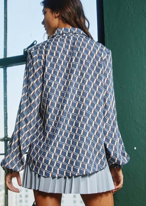 Brand: Bucket List | French Blue, White & Rust Geometric Design Dressy Button Down Blouse | Style # T1540 | Classy Cozy Cool Made in America Boutique