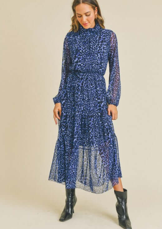 Brand: If She Loves | Ladies Long Sleeve Blue Animal Print Mesh Midi Dress | Style ISD1241 | Made in USA | Classy Cozy Cool Women's Clothing Boutique