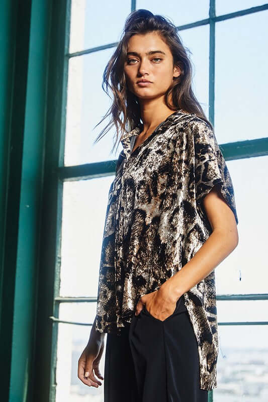 Bucket List Ladies Leopard Print Velvet Oversized Button Up High Low Top | Made in USA | Style# T1702-2 | Classy Cozy Cool American Made Clothing