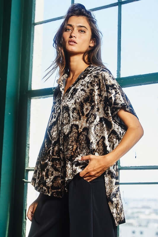 Bucket List Ladies Leopard Print Velvet Oversized Button Up High Low Top | Made in USA | Style# T1702-2 | Classy Cozy Cool American Made Clothing