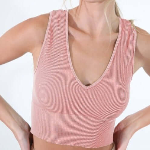 Niki Biki Ladies Plunge V-Neck Ribbed Cropped Tank Bra Top in Vintage Sweet Peach Color | Style#  NS8192 | Made in USA | Made in America Women's Clothing Boutique