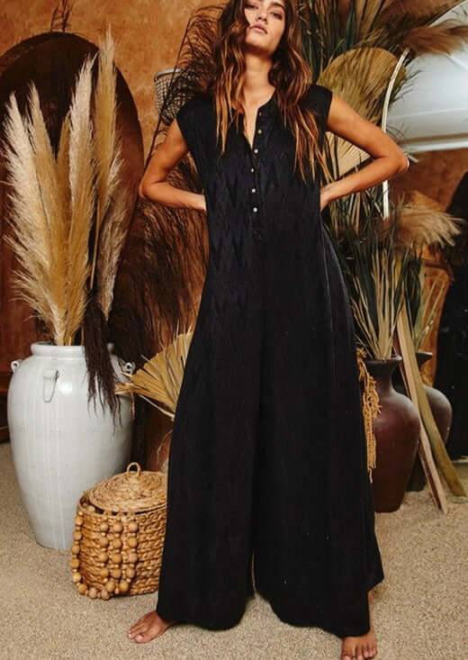 Bucket List Style# R5120 Ladies Chevron Textured Brushed Knit Jumpsuit in Black | Made in USA | Women's Made in America Boutique