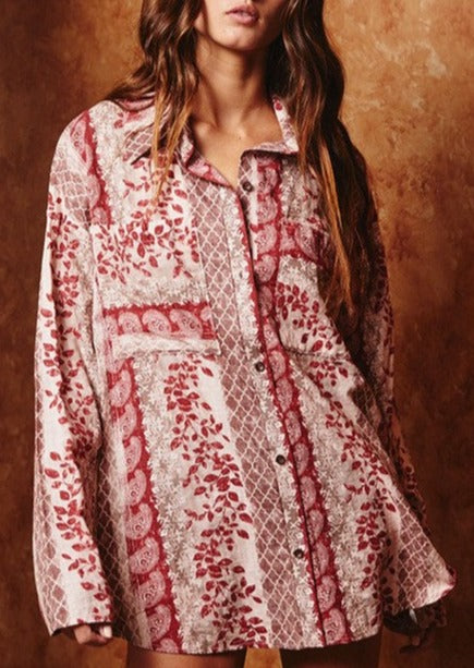 Made in USA | Bucket List Red & Mocha Festive Printed 100% Cotton Relaxed Fit Button Down Top | Style # T1575 | Made in America Ladies Clothing