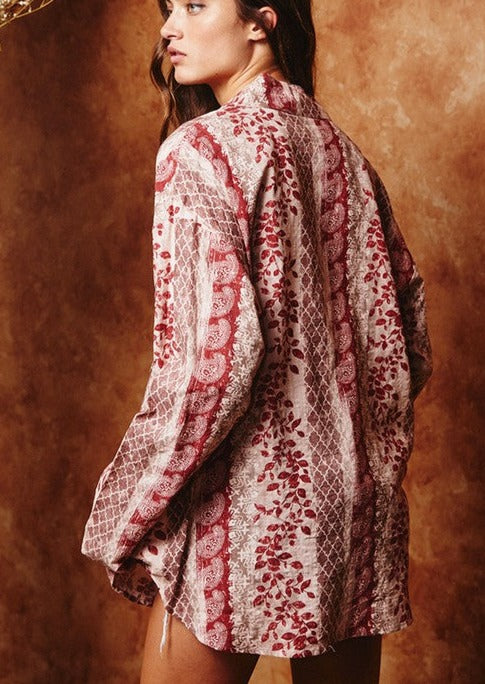 Made in USA | Bucket List Red & Mocha Festive Printed 100% Cotton Relaxed Fit Button Down Top | Style # T1575 | Made in America Ladies Clothing