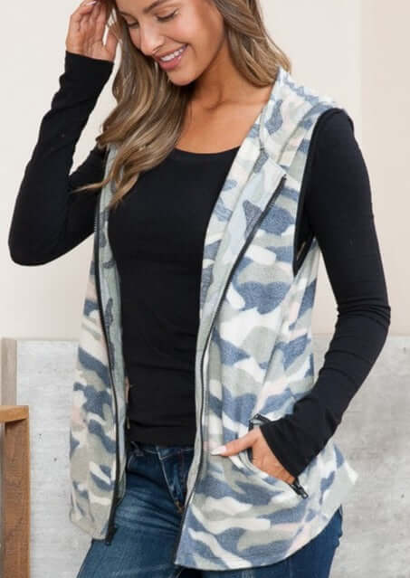 USA Made Super Soft Ladies Camo Design Lightweight Fleece Zipper Vest | Orange Farm Style# OFV1396  | Made in USA | American Made Women's Clothing